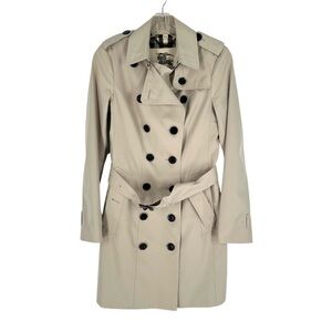 Burberry Trench Coat Womens Size 4 Beige Plaid Lining Double-Breasted Mid-Length